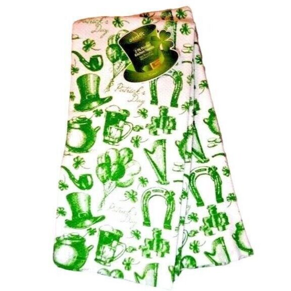 St Patrick's Vintage Style Kitchen Towels Top Hat Beer Pot of Gold Shamrock - Picture 1 of 4